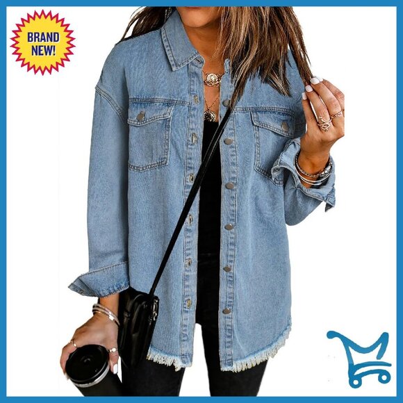 Oversized Denim Jacket Distressed Boyfriend Fit Button Closure Long Sleeve